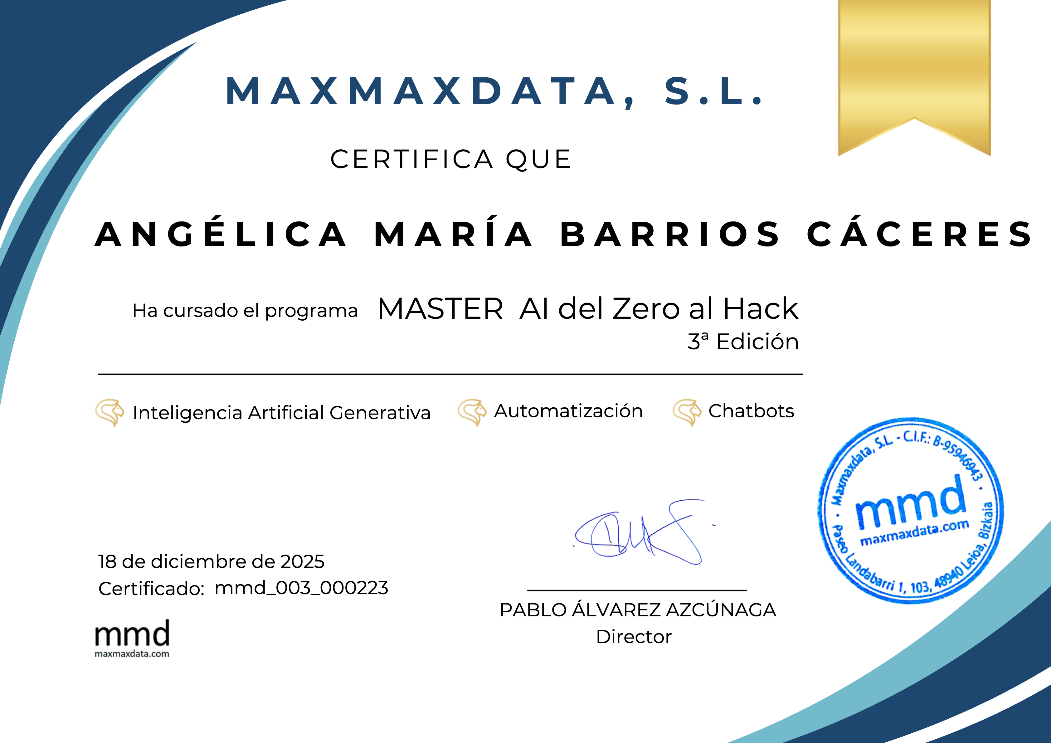 Diploma de Angélica María Barrios Cáceres